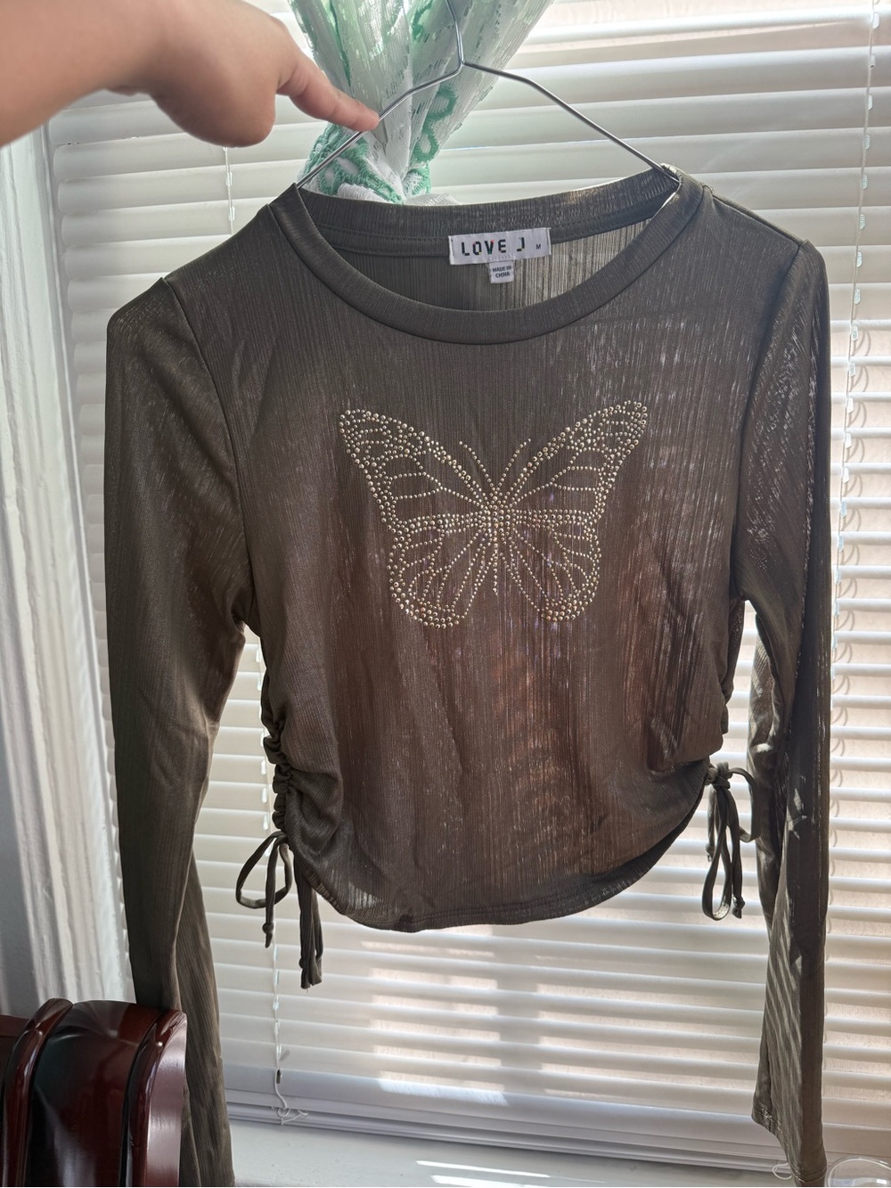 love J Olive Sheer Rhinestone Butterfly Long Sleeve Top with Side Ties